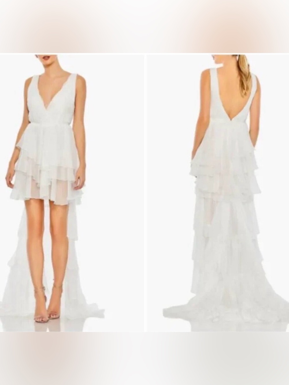 Ieena Mac Duggal NWT Tiered High-Low White V-Neck Chiffon Ruffle Dress